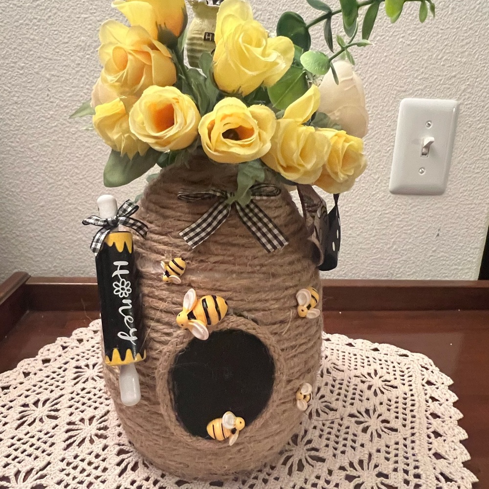 Yellow and Cream Rose Floral Beehive Centerpiece